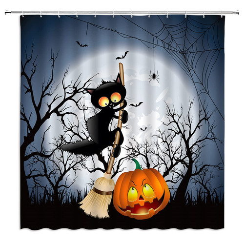 STBHUOW Halloween Cat Shower Curtain Funny Black Cat Broom Spooky Pumpkin Ghost Bat Scary Spider Web Dead Tree Full Moon Night Bath Fabric Curtain Sets with Hooks,Blue Black