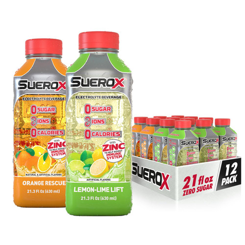SueroX Zero Sugar Electrolyte Drink for Hydration and Recovery, Unique Blend of Electrolytes & 8 Ions, Zero Calorie Sports Drink, 21.3 Fl Oz, Citrus Pack, 12 Count