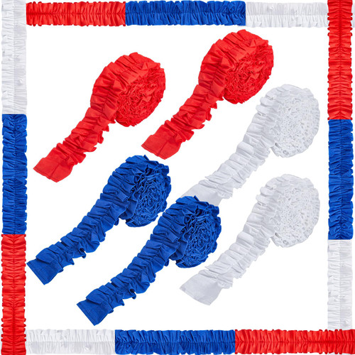 Ctosree 6 Rolls 48ft Ruffled Bulletin Board Borders for Classroom Decor Fabric Bulletin Board Borders Burlap Craft DIY Border Trims for Classroom Home Decoration (Red, Blue, White)