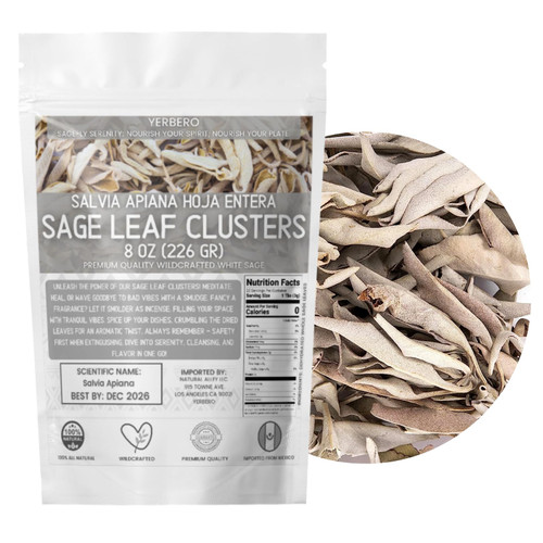 Yerbero - Premium White Sage Cluster 8oz (226g) | Hoja De Salvia Blanca Entera | Salvia officinalis | Sanctification, Purification, Metaphysical, Wicca.