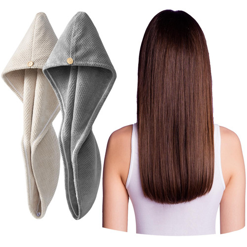 YFONG 2 Pack Microfiber Hair Towel Wrap for Women, Super Absorbent Quick Dry Hair Turban for All Hair Style Anti Frizz, Large Hair Drying Towel with Button