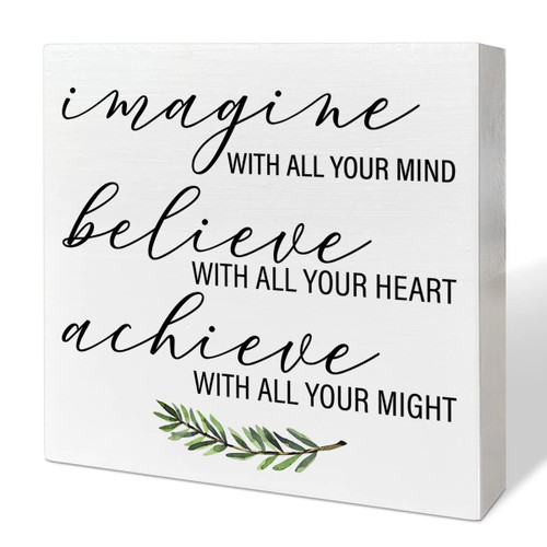 Home Office Desk Wooden Box Sign Decor, Imagine with All Your Mind, Inspirational Quotes Desk Decor Motivational Desk Decorations for Women Men Student Office Classroom School
