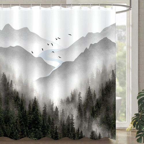 Zussun Long Gray Misty Forest Shower Curtain Grey Nature Foggy Tree Mountain Shower Curtains for Bathroom Waterproof Fabric Woodland Decorative Modern Bath Curtain with Hooks (Dark1, 72" x 78")