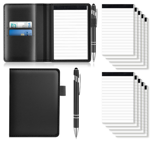 12 Pack Notepads Holder Set 3 x 5 Inch, Including Mini Pocket PU Leather Holder with 30 Sheet Lined Pad, Metal Pen and 10 Pieces 3x5 Replacement Memo Pads, Small Notepad Pocket Organizer &Card Holder