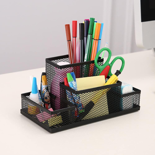 RIIPOO Pen Holder for Desk, 4 Compartments Pencil Stationary Holder Desk Organizer Caddy, Sticky Notes Holder for Home, Office and School