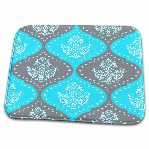 3dRose Dooni Designs Grey Aqua Blue White Henna Damask... - Bathroom Bath Rug Mats (rug-116389-1)