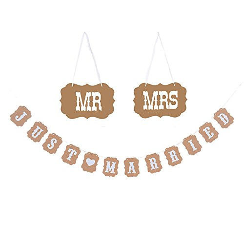 ''MR&MRS JUST MARRIED''Bunting Banner-Hanging Flag Garland Kraft Paper Flags Bunting Banners for Wedding Party Decorations