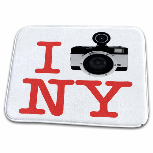 3dRose I Photographed New York - Red Text and Grey Camera on... - Bathroom Bath Rug Mats (rug-37774-1)