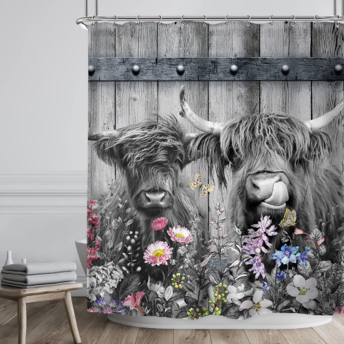Riyidecor Highland Cow Shower Curtain 60Wx72H Inch Western Barn Door Texas Cattle Grey Bull Wildflowers Farmhouse Animal Rustic Wooden Board Neutral Bathroom Decor Polyester Waterproof 12 Pack Hooks Riyidecor Highland Cow Shower Curtain 60Wx72H Inch Western Barn Door Texas Cattle Grey Bull Wildflowers Farmhouse Animal Rustic Wooden Board Neutral Bathroom Decor Polyester Waterproof 12 Pack Hooks
