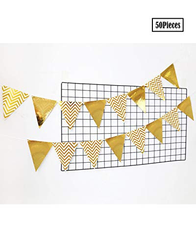 Amersumer 60 PCS Triangle Flag Tassel Garland Banner Set Sparkly Paper Pennant Banner Triangle Flags Bunting Set Birthday Party Wall Decorations Vintage Double Sided Glitter Gold Triangle Flag Bunting