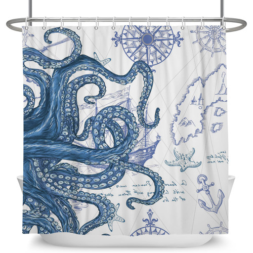 Remandacy Octopus Shower Curtains for Bathroom, Blue Ocean Nautical Kraken Shower Curtain, Cool Funny Octopus Bathroom Decor Washable Polyester Fabric - 72" x 72" w/ 12 Hooks