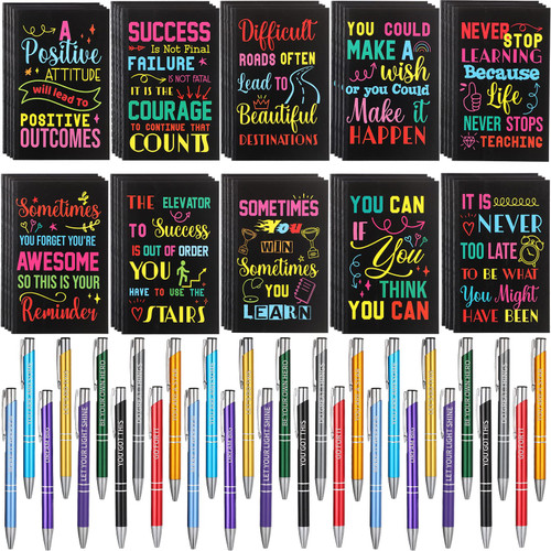 Sabary 100 Pcs Inspirational Notepads Motivational Ballpoint Pens Sets Mini Motivational Pocket Notebooks Journals Bulk Gifts Inspirational Metal Pens for School Office Supplies (Inspirational)