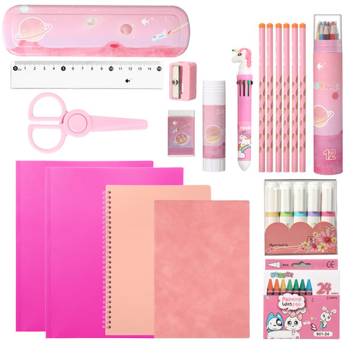 58 Pieces Back to School Supply Kit for Girls Grades K-12, Essentials Box of Supplies Bundle, School Essentials Include Folders Notebooks Pencils Pens Ruler Scissor and Much More (Pink)