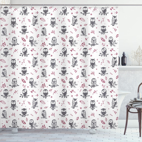 Ambesonne Owl Shower Curtain, Cartoon Style Illustration of Birds on The Branches Mysterious Woods Print, Cloth Fabric Bathroom Decor Set with Hooks, 69" W x 75" L, Maroon Grey Ambesonne Owl Shower Curtain, Cartoon Style Illustration of Birds on The Branches Mysterious Woods Print, Cloth Fabric Bathroom Decor Set with Hooks, 69" W x 75" L, Maroon Grey