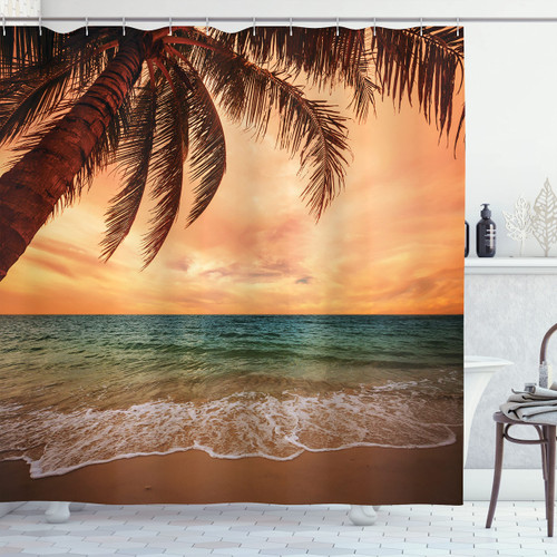 Ambesonne Tropical Shower Curtain, Seascape Scenery with Ocean Beach Palm Tree and Sunset Sky in Soft Tones, Cloth Fabric Bathroom Decor Set with Hooks, 69" W x 75" L, Burnt Sienna Brown