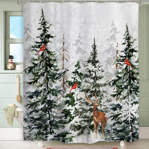 Baccessor Winter Snowy Forest Shower Curtain Pine Tree Cardinal Deer Snowflake Shower Curatin 72x78 Inch Xmas Christmas Holiday Bathroom Bath Decor Waterpoof Extra Long with Hooks