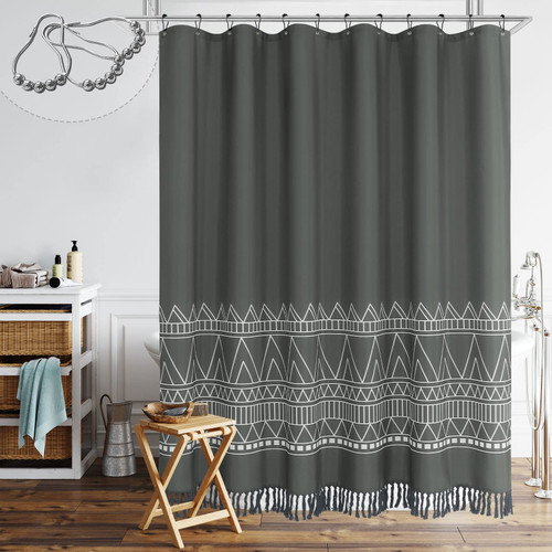 MitoVilla Grey Boho Shower Curtain Set, Tassel Farmhouse Shower Curtain, Western Fabric Shower Curtain for Bathroom Decor, Modern Bohemian Tribal Standard Shower Curtain, Gray, 72 x 72