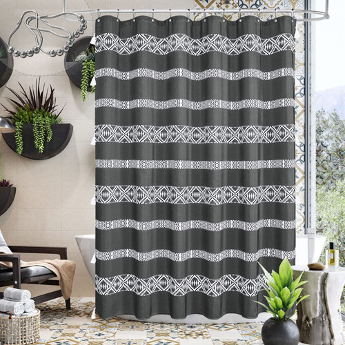MitoVilla Grey Boho Shower Curtain Set, Farmhouse Tassel Shower Curtain, Modern Abstract Fabric Standard Shower Curtain, Tribal Geometric Cloth Shower Curtain for Bathroom Decor, 72 x 72