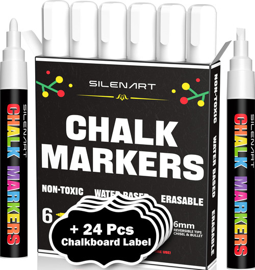 SILENART White Chalk Markers - 6 Pack Liquid Chalk Pen - Chalkboard Markers - Chalk Marker for Blackboard, Signs, Windows, Glass - 3-6mm Chisel Tip, 3mm Fine Tip