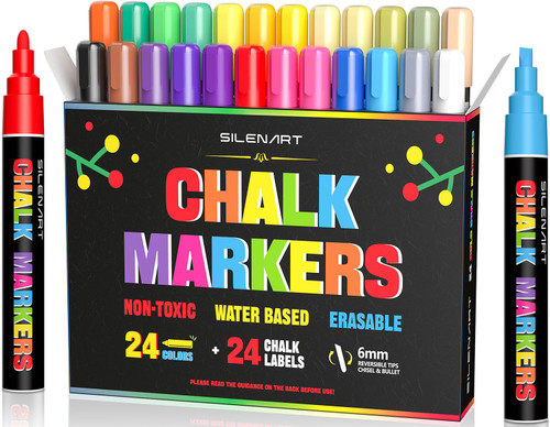 SILENART Chalk Markers Bulk - 24 Pack Chalk Pens - Neon, Metallic, and White Chalkboard Markers - Liquid Chalk Markers for Blackboard, Chalkboard, Windows and Glass, Bullet & Chisel Tip