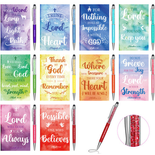 Pasimy 60 Pcs Bible Gifts Set Bulk Christian Pens Bible Verse Notebooks Inspirational Scripture Ballpoint Pen Small Journal Religious Gifts for Church Women Men Office School Supplies (Boho Style)