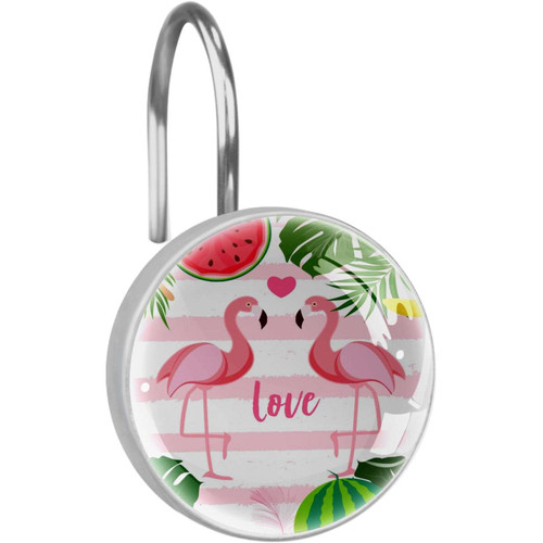 Shower Curtain Hooks, Rust Proof Shower Curtain Rings for Bathroom, Decorative Shower Curtain Hooks Hangers for Shower Curtain Rod, Pink Striped Flamingo Tropical Watermelon Banana