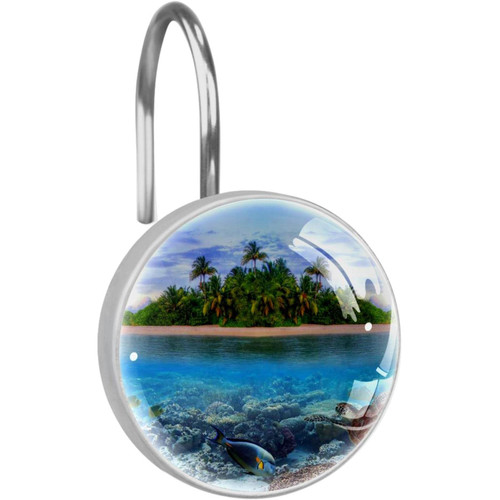 Shower Curtain Hooks, Rust Proof Shower Curtain Rings for Bathroom, Decorative Shower Curtain Hooks Hangers for Shower Curtain Rod, Landscape Ocean Island Summer Tropical