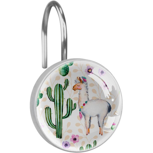 Shower Curtain Hooks, Rust Proof Shower Curtain Rings for Bathroom, Decorative Shower Curtain Hooks Hangers for Shower Curtain Rod, Llama Cactus Flower Cartoon Animal