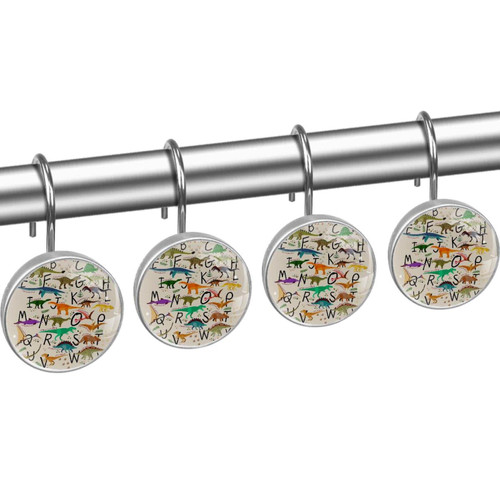 Shower Curtain Hooks, Rust Proof Shower Curtain Rings for Bathroom, Decorative Shower Curtain Hooks Hangers for Shower Curtain Rod, Set of 12, Dinosaur Cartoon Alphabet
