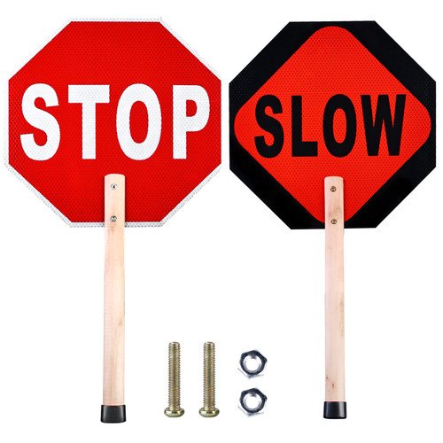 Stop Slow Double Sided Sign: Stop Sign with Handle 13" Aluminum Reflective Traffic Stop Slow Signs Hand-Held Stop Slow Sign