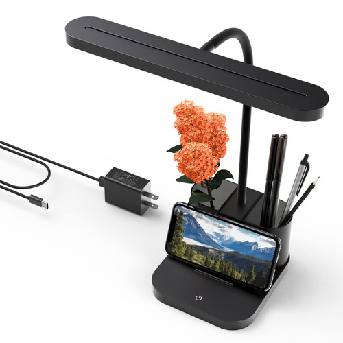 AXX Black Small Desk Lamp, Gooseneck Desk Lamps for Home Office, Kids Study Lamp for College Dorm Room, Desktop Lamp for Bedroom, LED, 500LM, Pen Holder, Touch Desk Light with Storage/Organizer