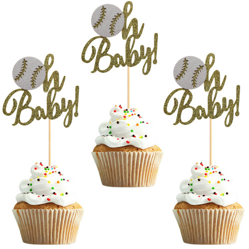 SECREDEN 24Pcs Oh Baby Cupcake Toppers Gold Glitter Baby Shower Baseball Cupcake Picks Kids Birthday Party Decorations Supplies