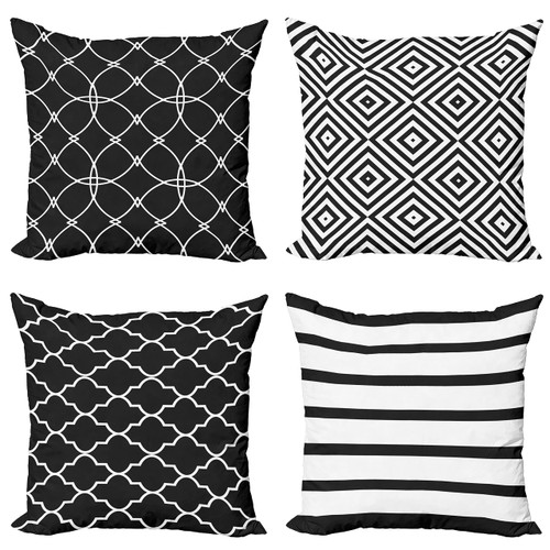 Ambesonne Modern Throw Pillow Cushion Case Pack of 4, Minimalist Quatrefoil Nested Squares Stripes Oriental Circle Mesh Pattern, Modern Accent Double-Sided Digital Printing, 16", Charcoal Grey White