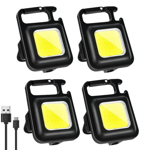 COB Small Flashlight, 4 Pack 1000 Lumens Rechargeable COB Keychain Flashlights with 4 Light Modes Keychain Light and Folding Bracket Bottle Opener Portable Pocket Light for Walking and Camping