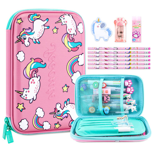 TCJJ Pencil Case for Girls,Cute Unicorn Stationery Set for Kids,3D EVA Pencil Pen Box Organizer with Compartment & Pencils Eraser Sharpener Sticky Notes, School Supplies for Kids School Gifts, Pink