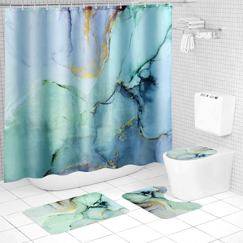 Apprekt 4Pcs Blue Marble Shower Curtain Sets, Bathroom Sets with Shower Curtain and Rugs,Bathroom Decor Rug Toilet Lid Cover and Non-Slip U Shape Mat, Waterproof Shower Curtain with Hooks, 72"x72"