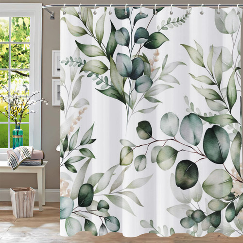 YiarTaan Shower Curtain, Green Shower Curtains for Bathroom Watercolor Plant Shower Curtain Leaves Floral Bathroom Eucalyptus Sage Shower Curtains Waterproof Bathtub Curtain 72x72 Inch with Hooks