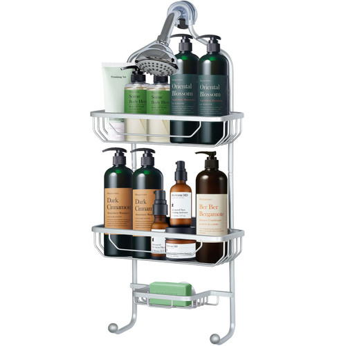 Lucalda Shower Caddy Hanging Shower Organizer Hanging, Shower Caddy Over Shower Head, Hanging Shower Caddy with 3-Tier Extra Wide Space for Shower Rack, Silver, 25.2" X 11" X 4.7"