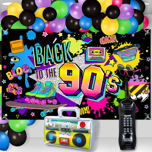 90's Party Decorations Back to The 80s 90s Banner Hip Hop Backdrop with Inflatable Radio Boombox Inflatable Mobile Phone Balloons for 80s 90s Party Themed Photo Booth Background Party Supplies