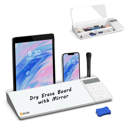 SELEAD Desktop Glass Whiteboard with Calculator & Built-in Mirror, Desk Dry Erase Board Buddy Computer Pad Keyboard Stand with Organizer for Home, School, Office Desk Accessories