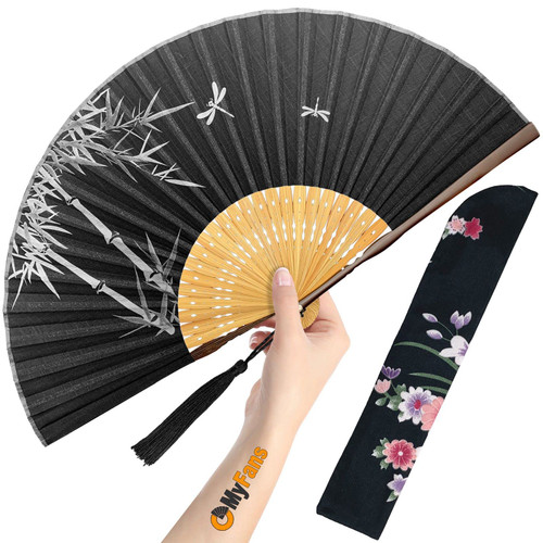 OMyFans Hand Fan for Women Foldable - Folding Chinese Japanese Vintage Bamboo Silk Fan - Ideal for Hot Flashes, Church, EDM, Festivals, Dancing and Gifts (Bamboo Forest-Black)