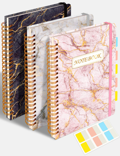 SUNEE 3 Pack Lined Spiral Journal/Notebooks - Journals for Work, Medium Marble Spiral Notebook Hardcover with Pocket, 100gsm Thick Paper, 80 Sheets/160 Pages, 5.83" x 8.5"