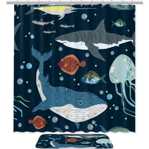 KQNZT 2Pcs Shower Curtain Sets, Bathroom Sets with Shower Curtain, Bath Mat, Shower Curtain with 12 Hooks for Bathroom Set Decor, Sea Animal Jellyfish Whale Shark Cartoon KQNZT 2Pcs Shower Curtain Sets, Bathroom Sets with Shower Curtain, Bath Mat, Shower Curtain with 12 Hooks for Bathroom Set Decor, Sea Animal Jellyfish Whale Shark Cartoon