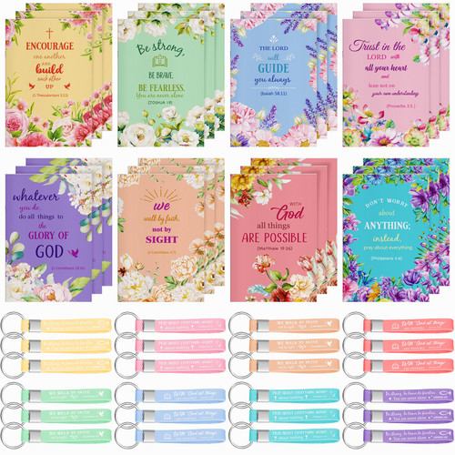 Sumind 48 Pcs Christian Bible Gifts for Women Bible Verse Prayer Journal Faith Christian Notebooks Bible Inspirational Keychains Bulk Religious Gifts for Men Office Church Party Favor Supply (Flower)