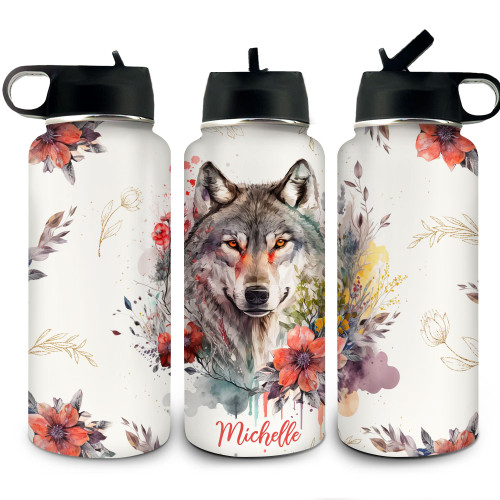 Hyturtle Personalized Wolf Water Bottle for Animal Lover - Wolf Birthday Gifts for Girls Women Friends - Floral Wolf Lover Gifts - Wolf Custom Name 18oz 32oz Stainless Steel Bottle With Straw Lid