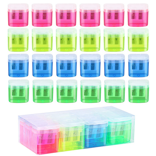 24 Pieces Pencil Sharpeners Manual Dual Holes Pencil Sharpener with Lid Portable Colorful Crayon Sharpener for Kids & Adults, School, Office, Home, Travel