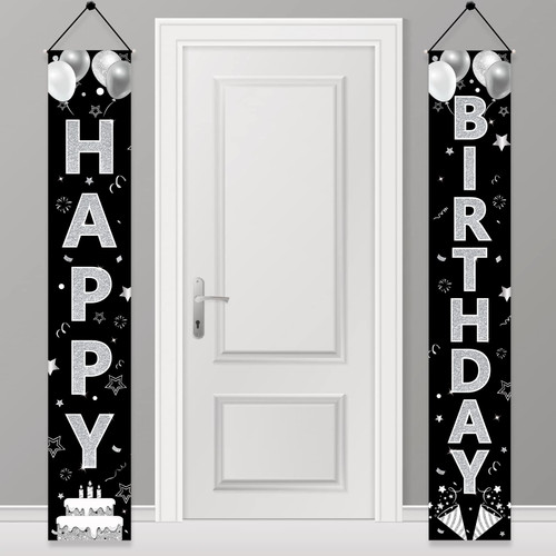 Black White Silver Birthday Door Banner Decorations for Men Women, Black Silver Happy Birthday Porch Sign Party Supplies, 16th 21st 30th 40th 50th 60th 70th 80th 90th Birthday Backdrop Decor