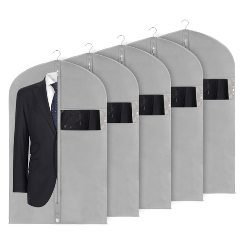 40" Garment Bags for Hanging Clothes (Set of 5) Suit Covers Bags for Men, Syeeiex Suit Bags for Closet Storage with Clear Window Suit Protector Garment Bags for Storage Travel Men, Grey