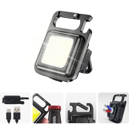 SEANOKEN COB Small Flashlight, Keychain Flashlights, Mini LED Work Light, 500 High Lumens LED Flashlight, with Folding Bracket and Bottle Opener, for Camping Emergency Fishing and Emergency Lighting