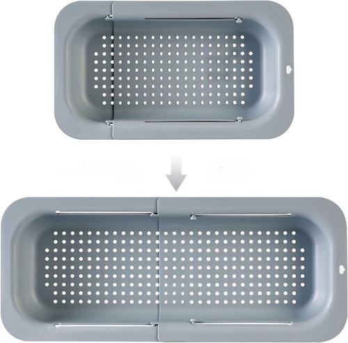 Colander Drain Basket,Vegoran Over the Sink Colander Strainer Basket,Collapsible Colander Fruits and Vegetables Drain Basket Adjustable Strainer Sink Washing Basket (Light grey)
